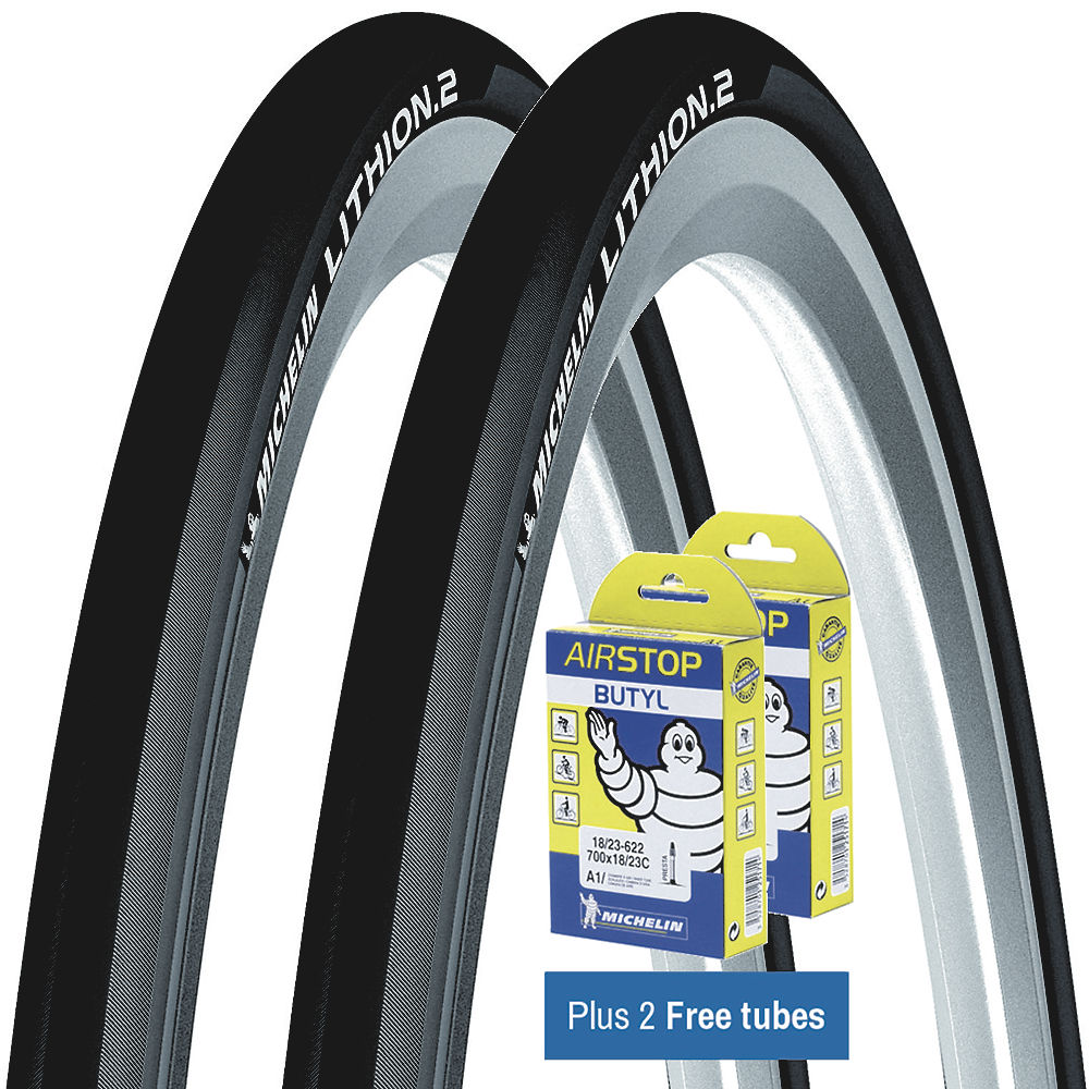 Michelin Lithion 2 Tyres Grey 25c + FREE Tubes