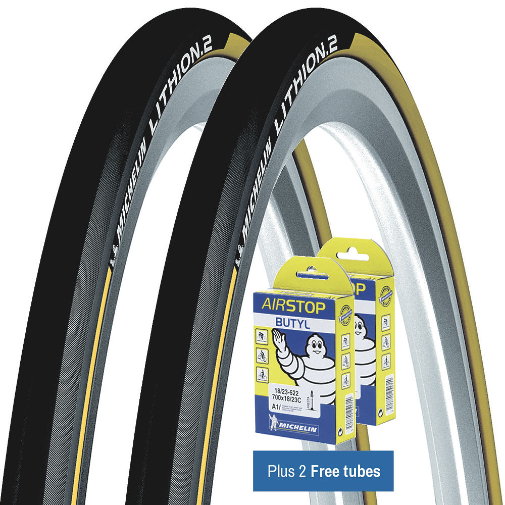 Michelin Lithion 2 Tyres Yellow 23c + FREE Tubes