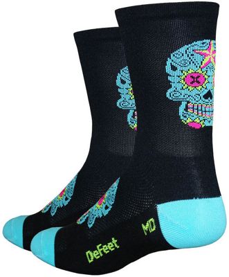 Defeet Aireator Tall Sugarskull Socks - Black-Turquoise - L}, Black-Turquoise