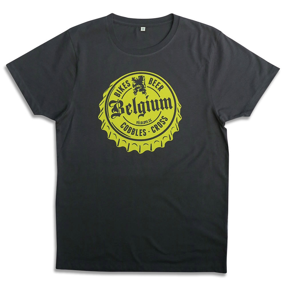 Image of Velolove Belgium Beer Top Organic T-Shirt - Charcoal-Yellow, Charcoal-Yellow