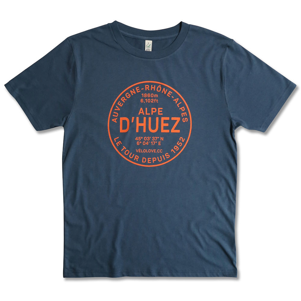 Velolove Alpe d'Huez Organic T-Shirt - Orange-Denim Blue