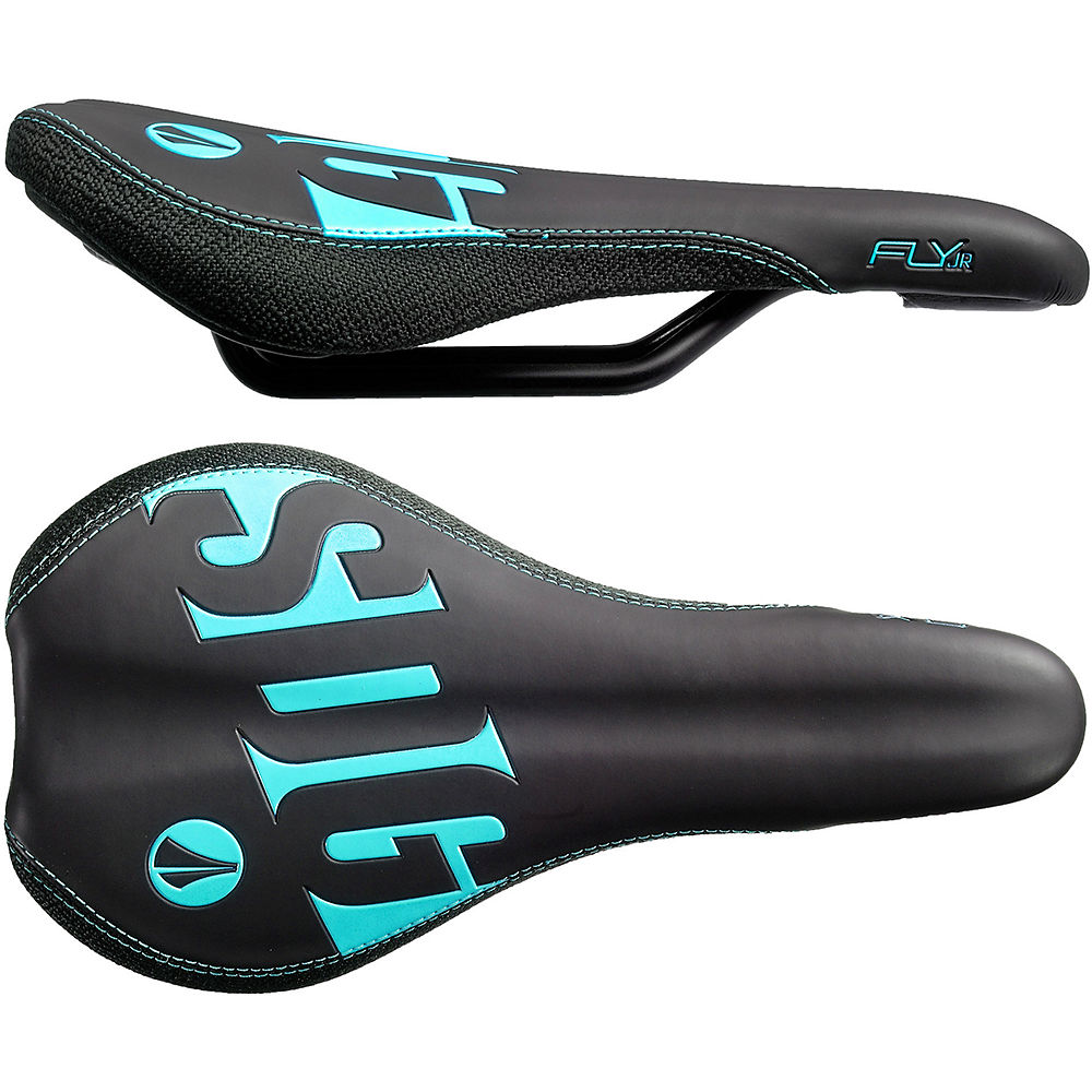 SDG Fly Junior Steel Rail Saddle - Noir - Cyan - 235mm Long x 122mm Wide, Noir - Cyan