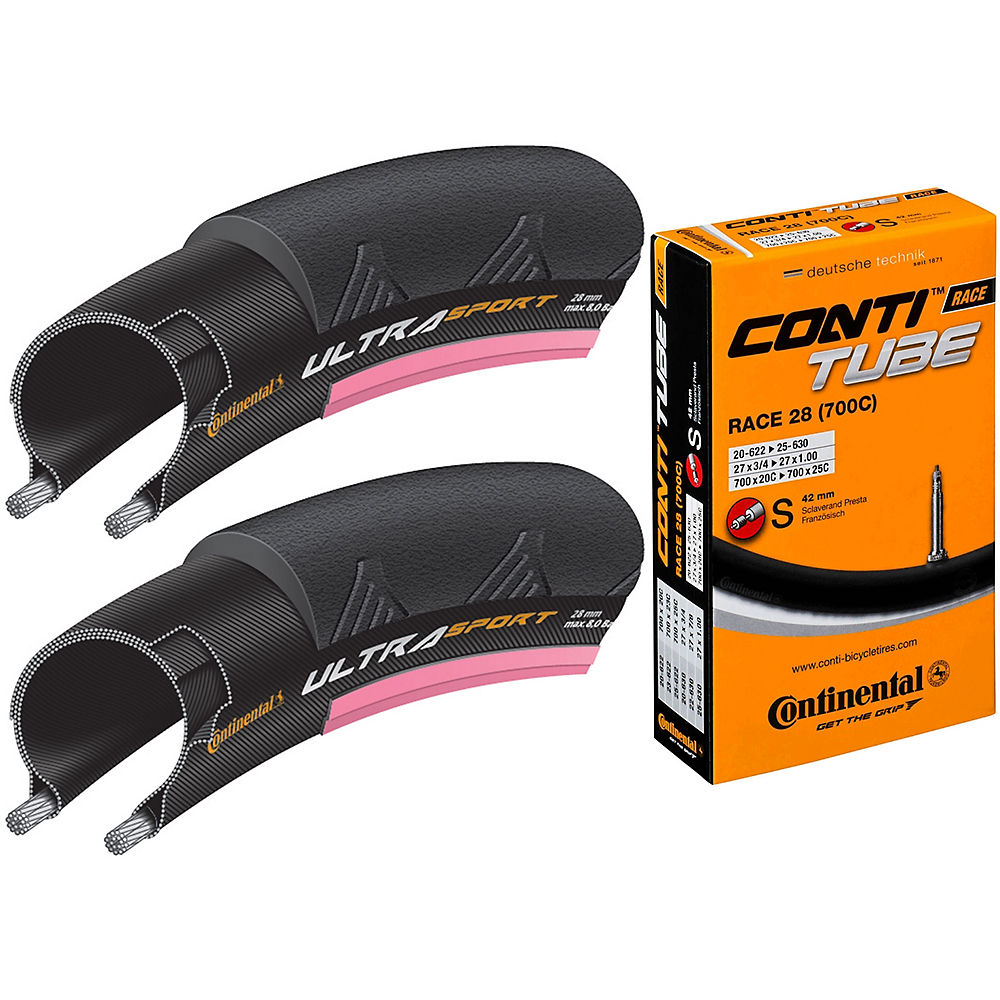 Continental Ultra Sport II Pink 25c Tyres + Tubes - Noir - Rose - 20c-25c 42mm Presta