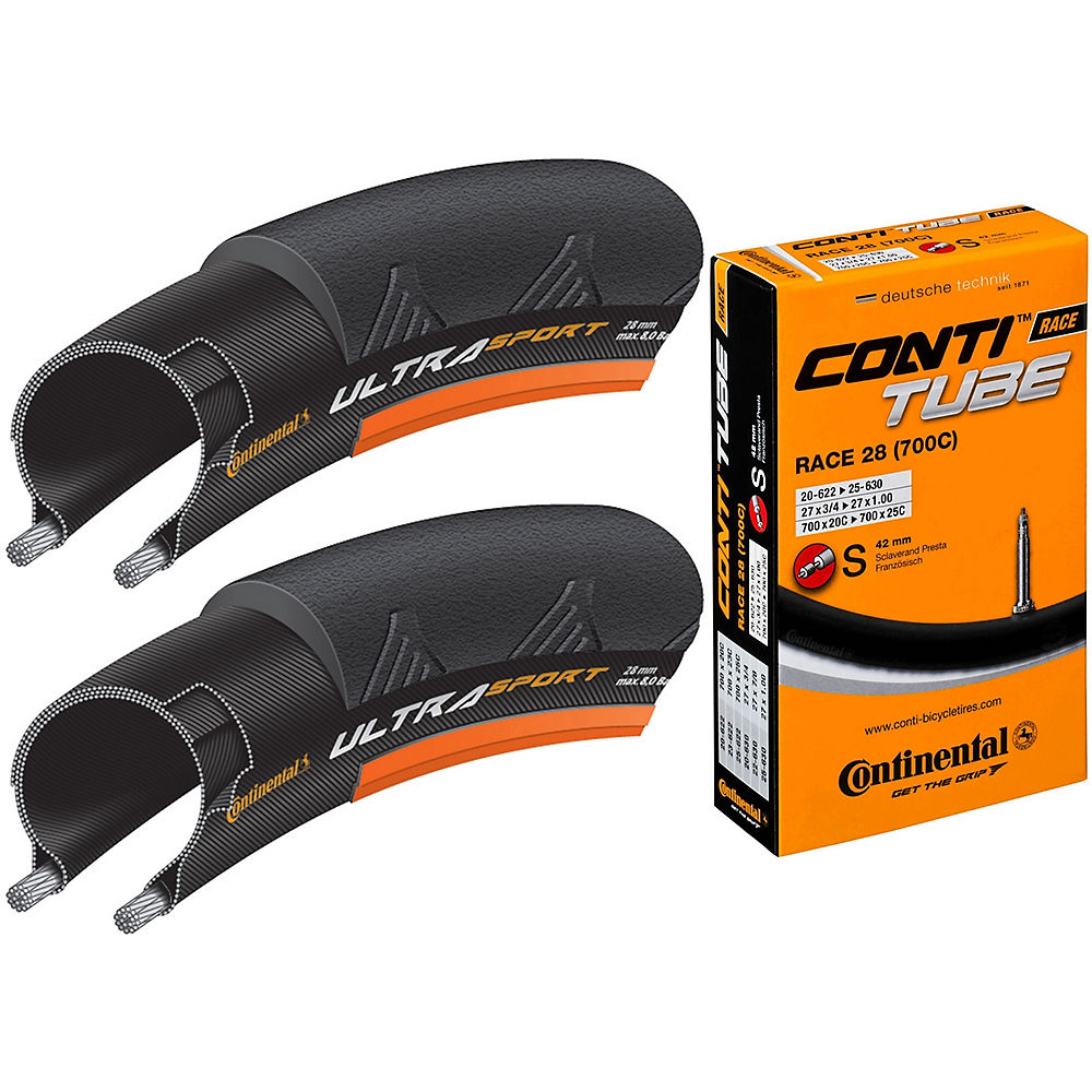 Continental Ultra Sport II Orange 25c Tyres + Tubes - Noir - Orange - 20c-25c 42mm Presta