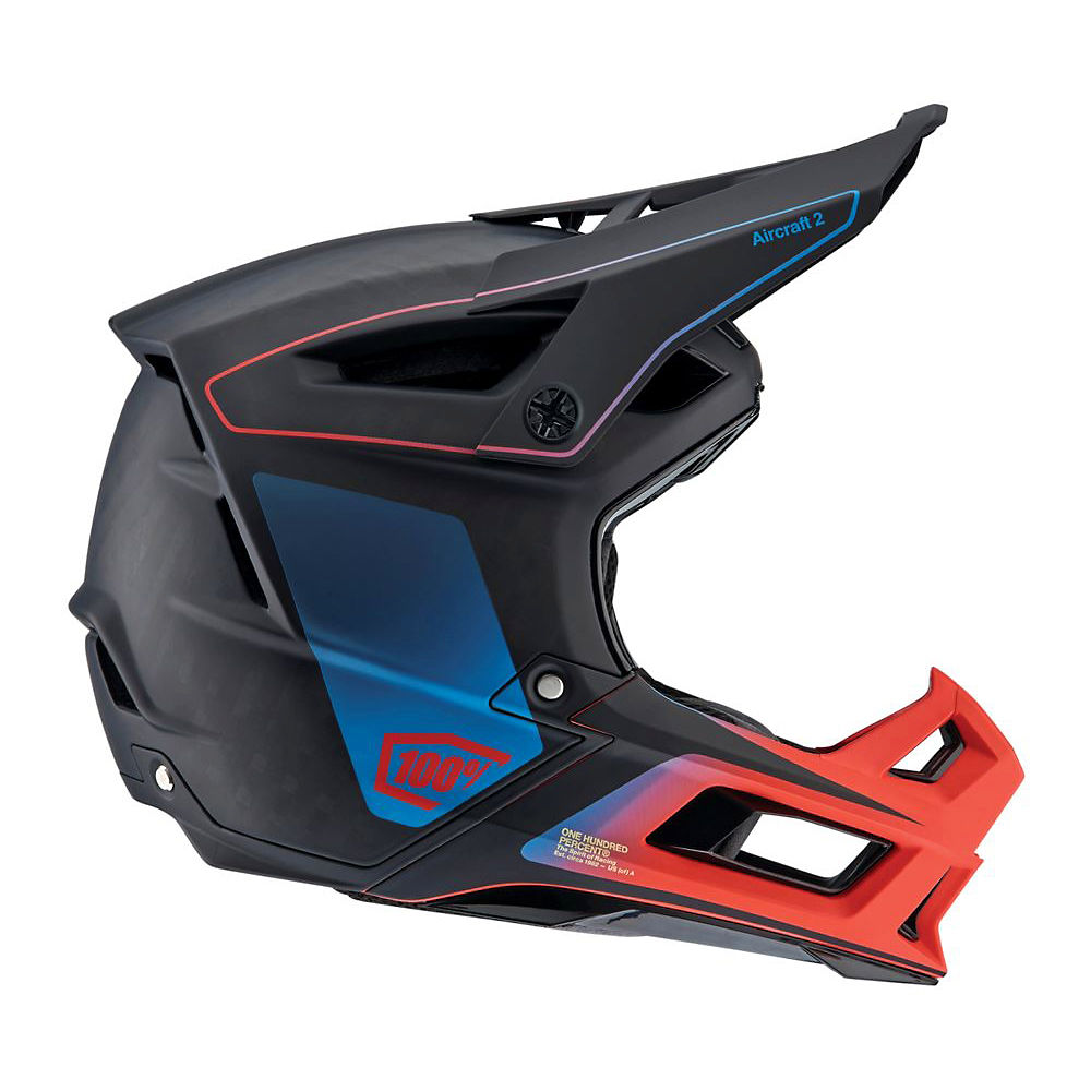 100% Aircraft Carbon DH-BMX Helmet 2021 - Steel Blue-Neon Red - XL}, Steel Blue-Neon Red