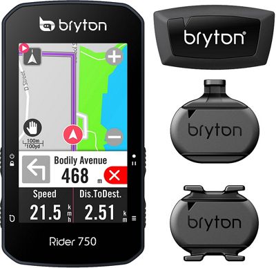 Bryton Rider 750T GPS Cycle Computer Bundle - Black - With Speed/Cadence Combo & HR Sensors}, Black